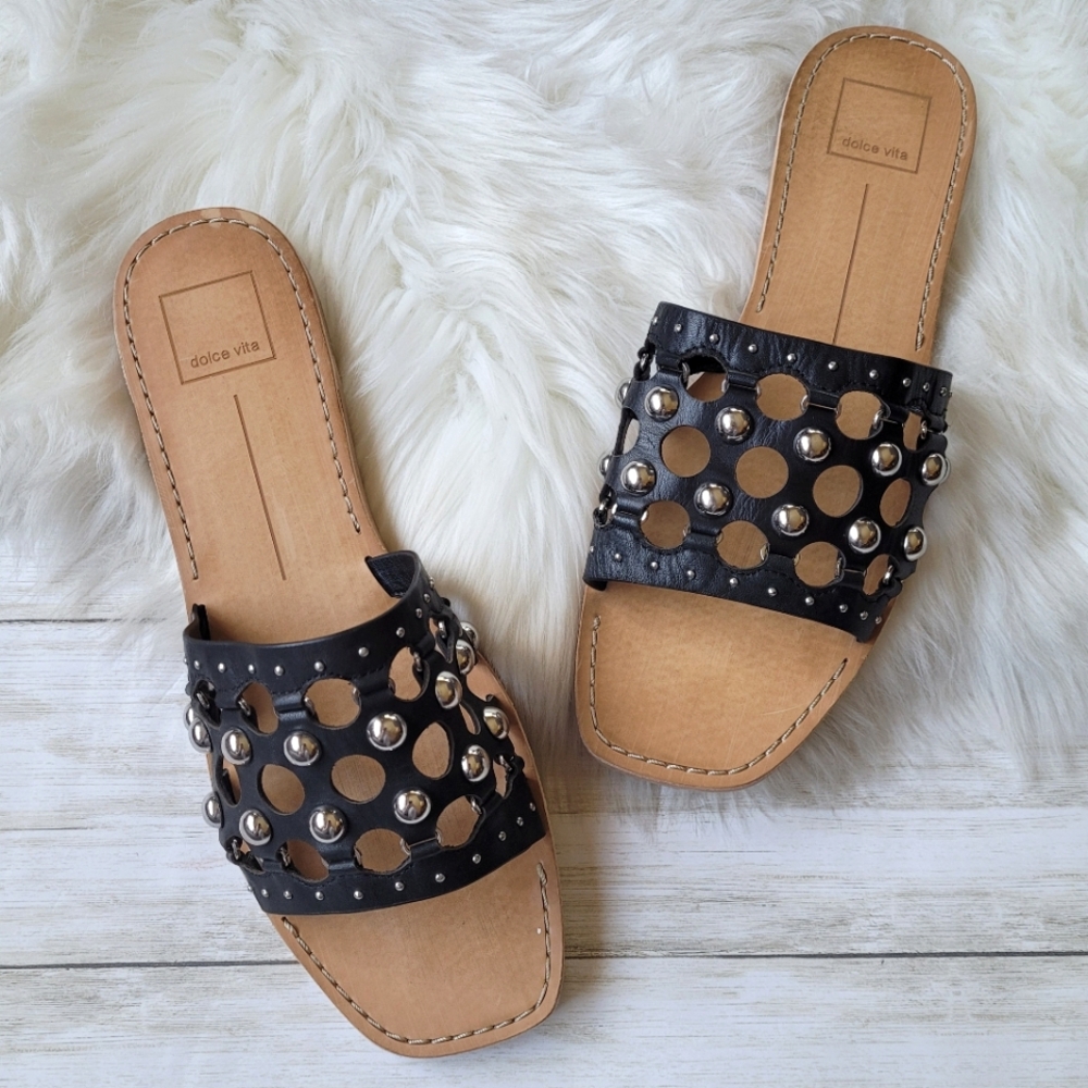 Dolce Vita Celita Studded Open Toe Slide Sandals Black Leather Women's Size 9.5